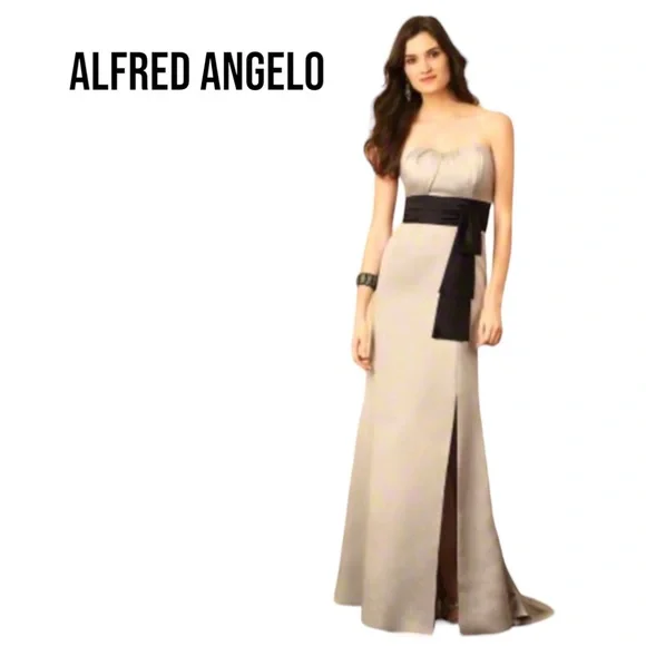 NWT Alfred Angelo GOWN 7283L Bridesmaid MOB Cocktail Dress LINEN / BLACK Sz 10 - Picture 1 of 6